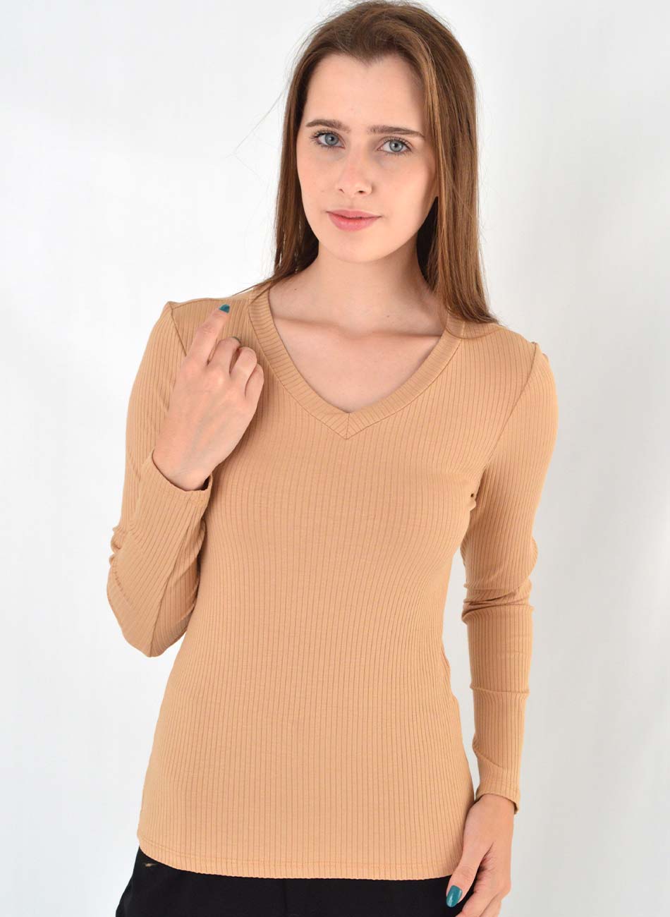 Blusa Viscolycra Canelada Flor de Lis Bege - Foto 1