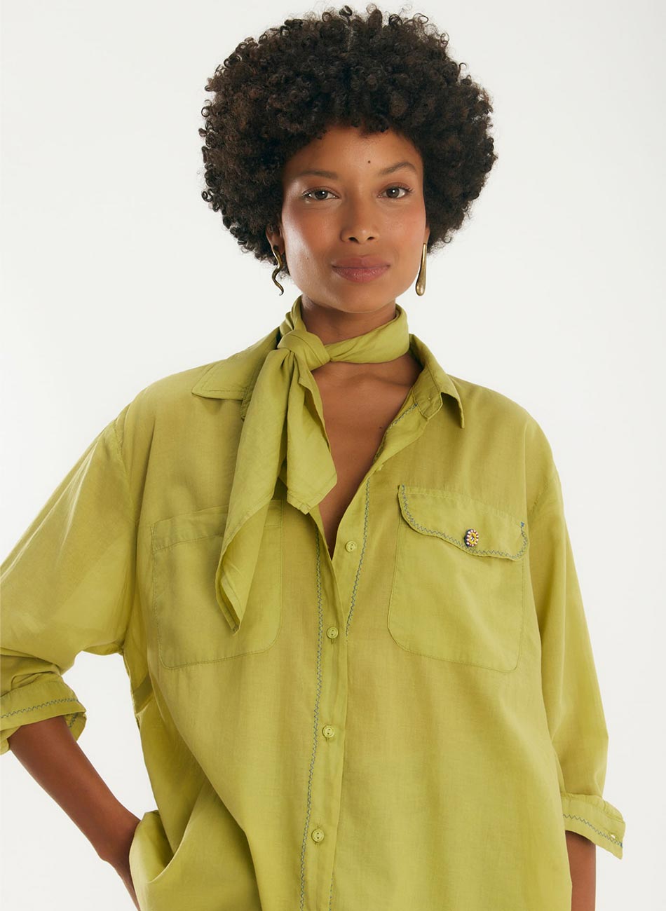 Camisa Voil Com Leno Verde Canto - Foto 1