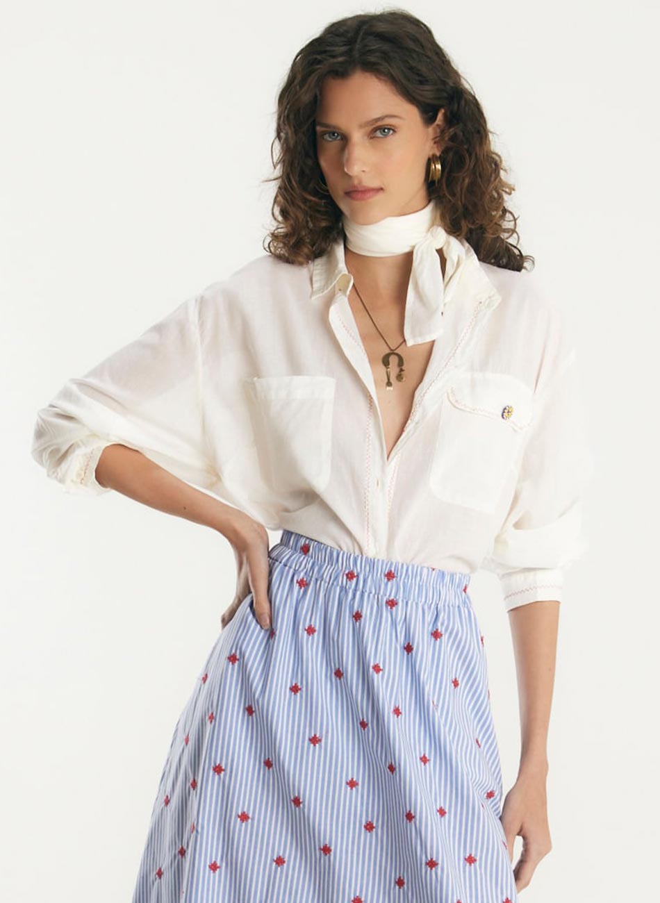 Camisa Voil Com Leno Off White Canto - Foto 1