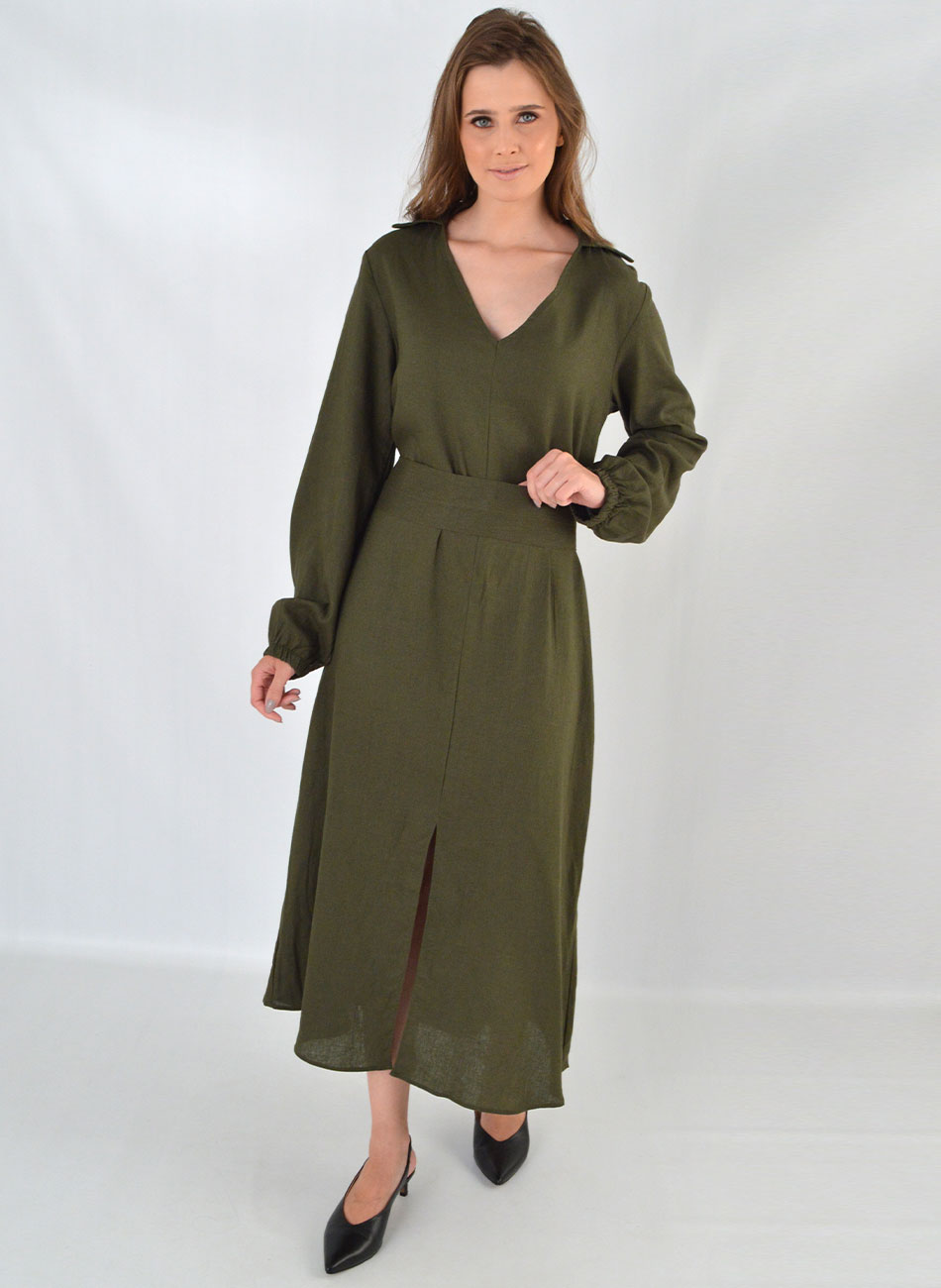 Vestido Midi Em Linho E Viscose Com Faixa Ajustvel Lez a Lez Cor Militar - Foto 1