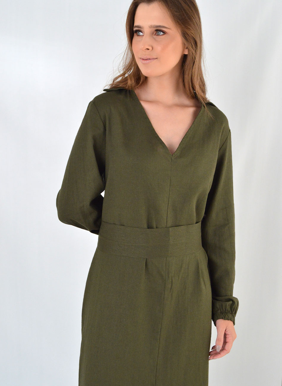 Vestido Midi Em Linho E Viscose Com Faixa Ajustvel Lez a Lez Cor Militar - Foto 2